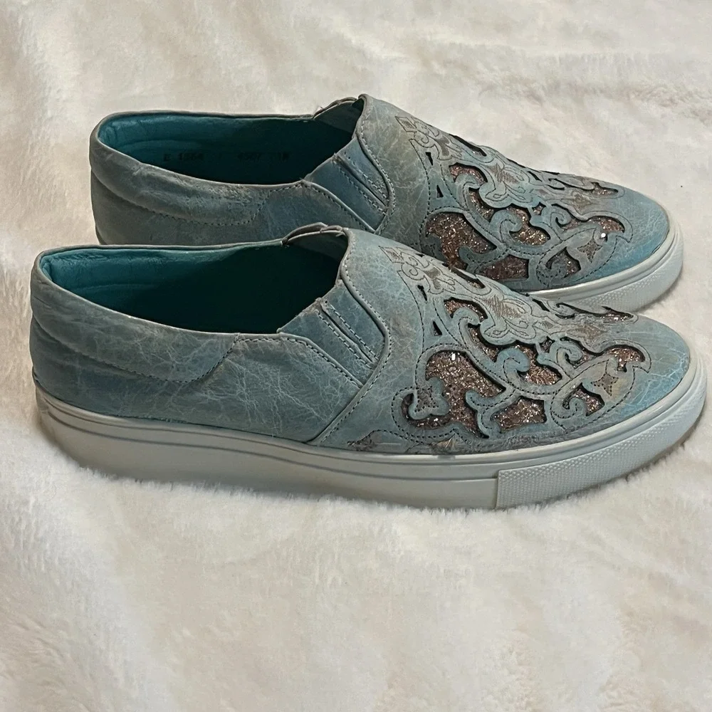 Ladies Corral Leather Sneakers E1564 Turquoise/Pink Inlay & Sequins Slip on NWOB